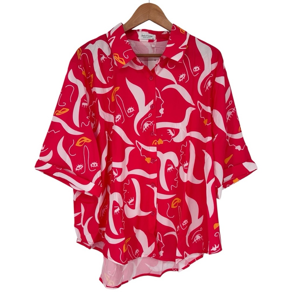 Soul of Curves Abstract Print Neon Red size 3X Button Down Short Sleeves Shirt